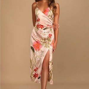 Pink Floral Print Satin Midi Dress